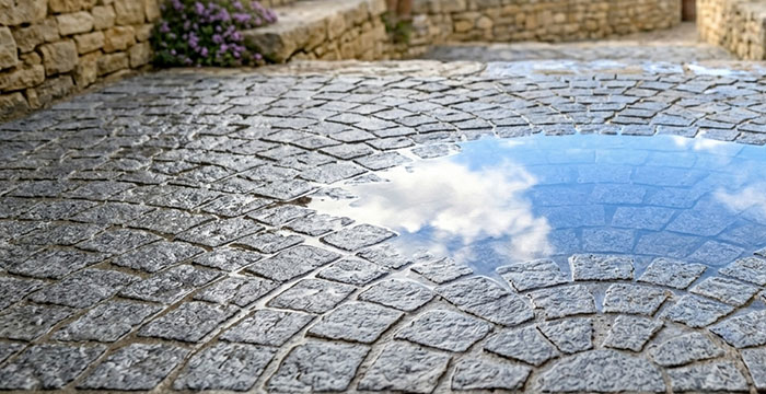 Pavés granit gris en éventail — joints sablés, surface mouillée reflétant le ciel, grattoir en fer forgé à l'angle