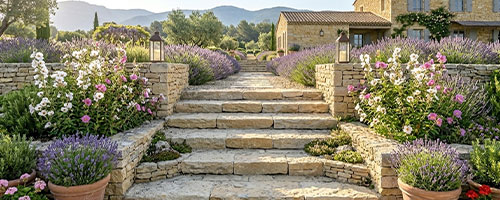 Escalier de jardin en calcaire avec cistes en fleur de chaque côté, lumière matinale