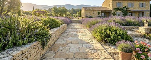 Allée en pierre bordée d'un muret bas en pierre sèche, romarin débordant, lumière dorée
