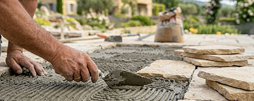Pose de dalles en pierre naturelle au mortier — chantier terrasse extérieure