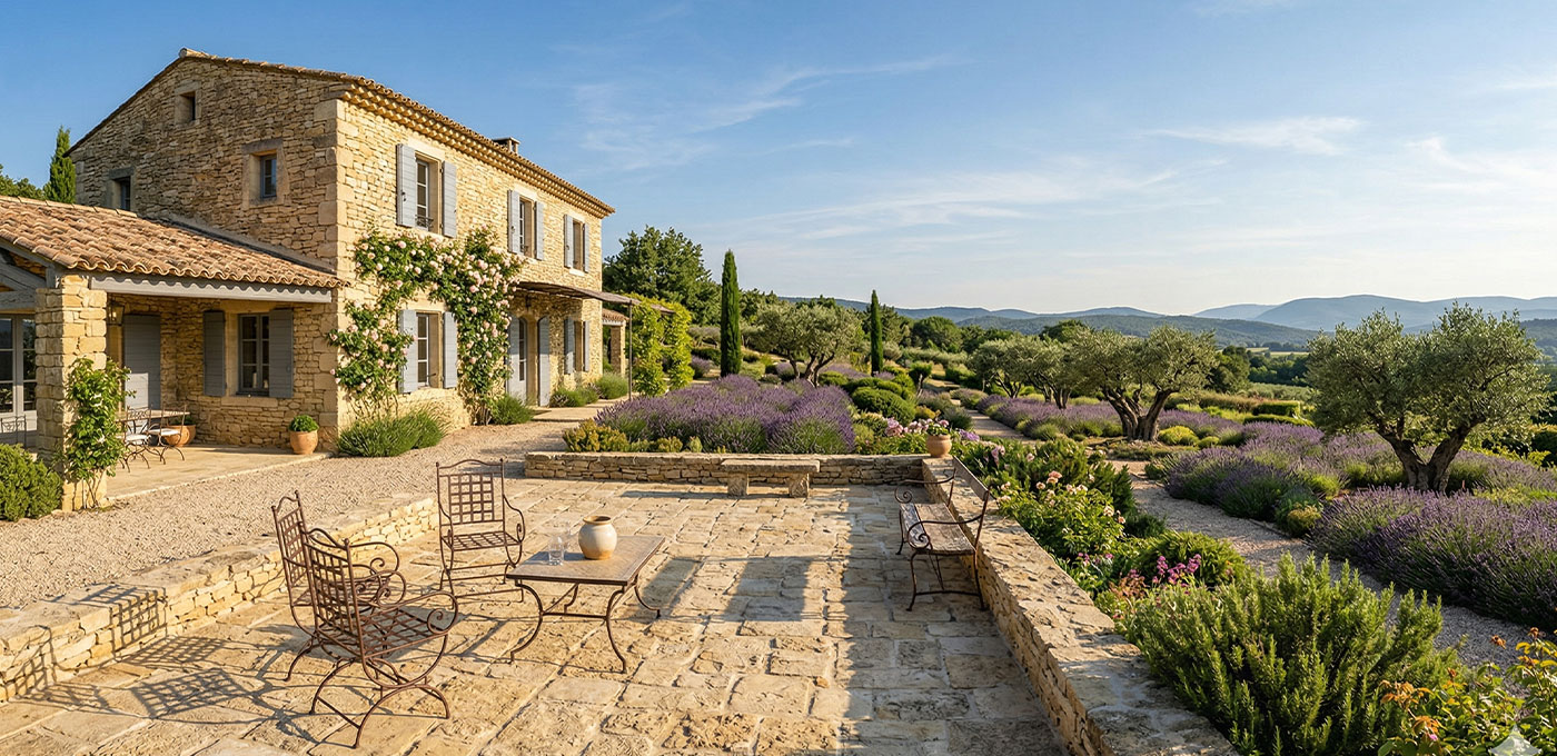 Mas provençal en pierre naturelle avec terrasse calcaire, jardin de lavande et vue sur le Luberon