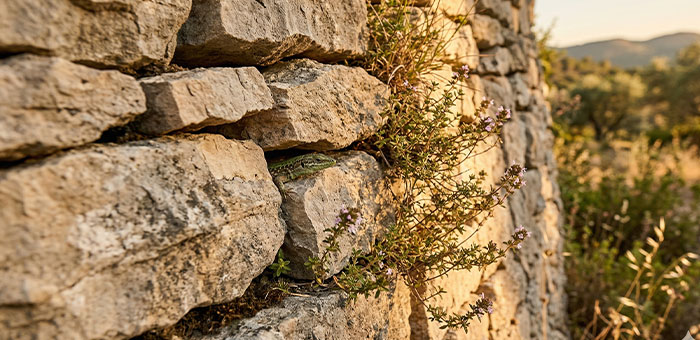 Muret en pierre sèche provençal avec lézard et thym sauvage, Luberon