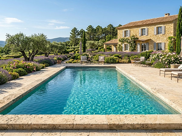 Piscine avec margelles en travertin — mas provençal et jardin de lavande