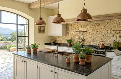 Plan de travail en granit gris foncé poli — brin de romarin posé dessus, reflet miroir, lumière naturelle latérale