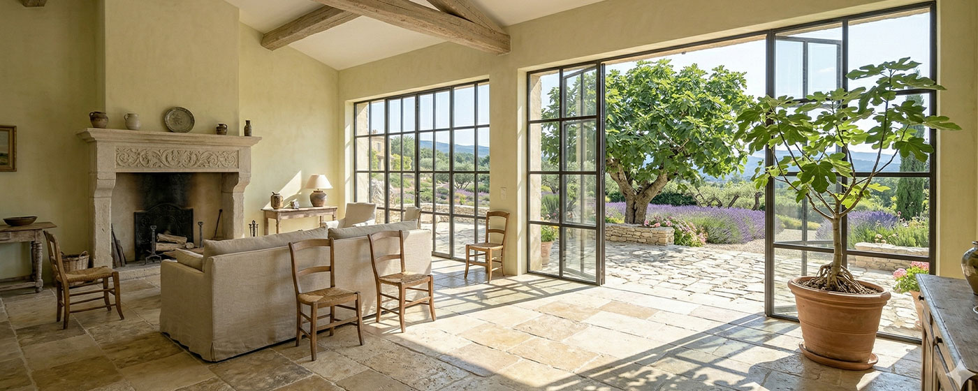 Salon d'un mas provençal avec sol en dalle de calcaire ancien, cheminée taillée et portes ouvertes sur terrasse