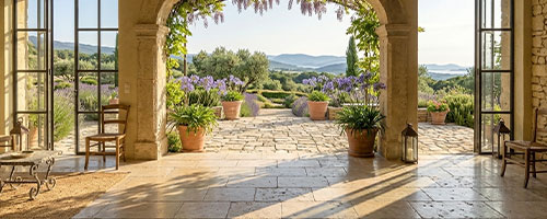Vue depuis l'intérieur d'un mas — sol calcaire continu vers la terrasse extérieure, agapanthe dans l'embrasure