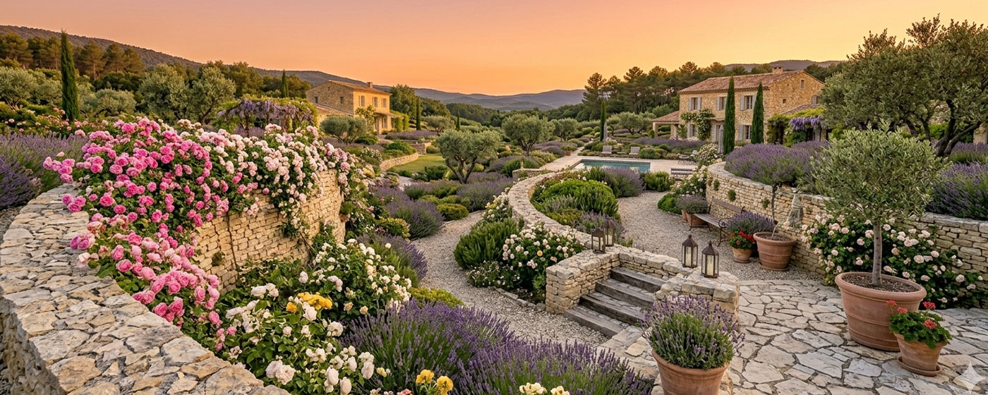 Jardin provençal en terrasses avec murets en pierre naturelle, rosiers, lavande et mas en arrière-plan