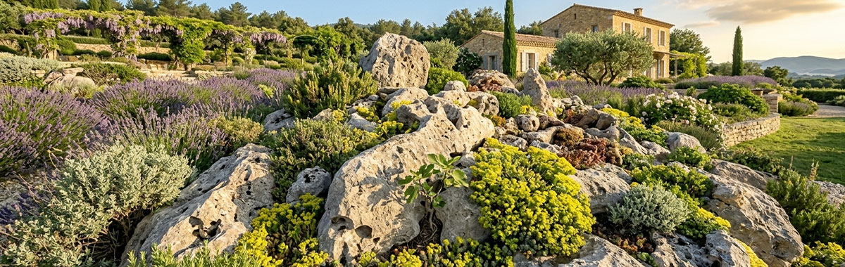 Jardin de rocaille avec boulders calcaires et granit — sedum, thym et lavande entre les pierres
