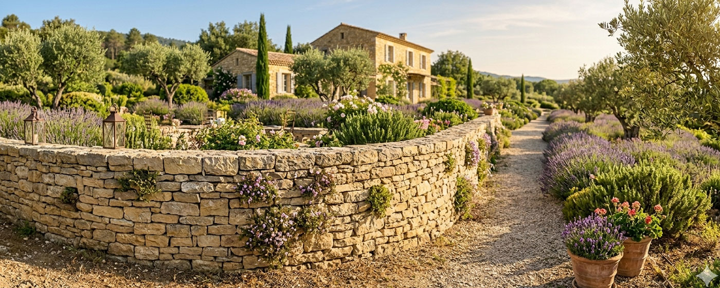 Muret en pierre sèche provençal — moellons calcaires, lavande et mas en arrière-plan, Luberon