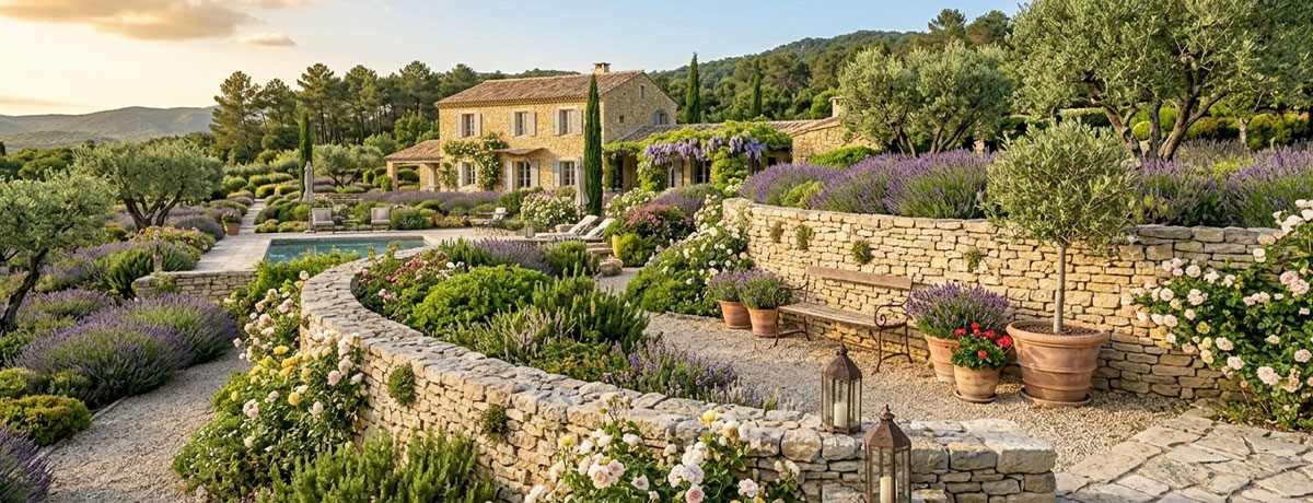 Muret de soutènement en pierre sèche calcaire — jardin en terrasses avec lavande, Provence