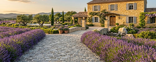 Allée de jardin bordée de murets en pierre naturelle — chemin en pavés