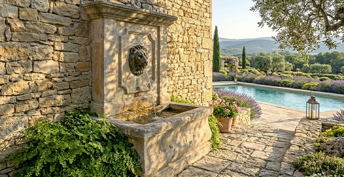Fontaine murale en pierre calcaire dans une cour provençale — filet d'eau, capillaire au pied, ombre d'olivier