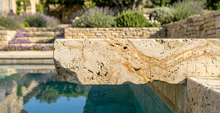 Gros plan 45° sur margelle en travertin brossé — micro-alvéoles naturels, surplomb sur l'eau, gouttes d'eau sur la pierre