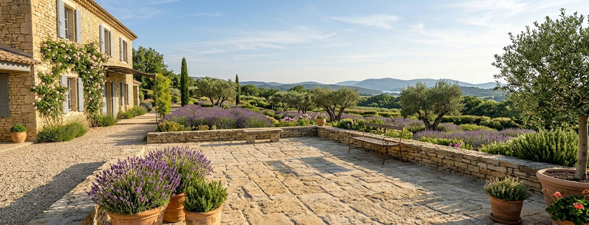 Terrasse en pierre calcaire naturelle — dalles irrégulières posées en Provence