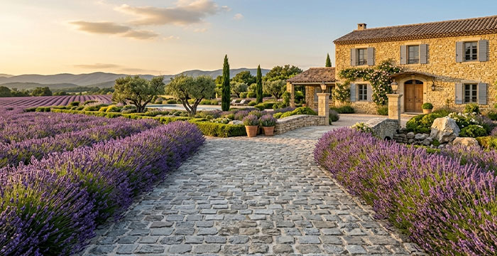 Allée en pavés granit — prolongement naturel d'une terrasse en pierre