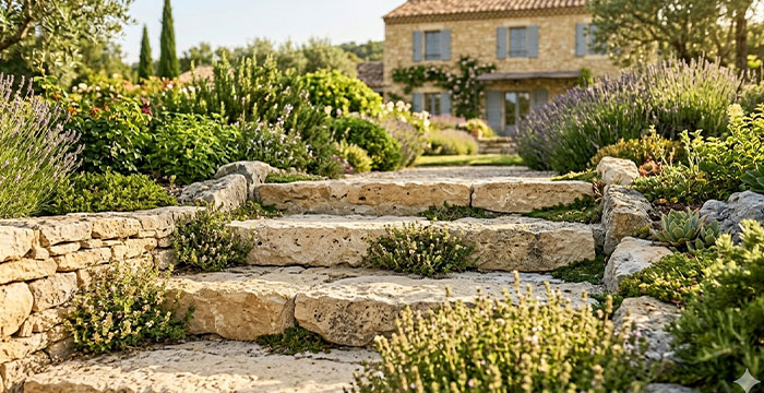 Escalier de jardin en pierre naturelle — marches en calcaire avec plantes